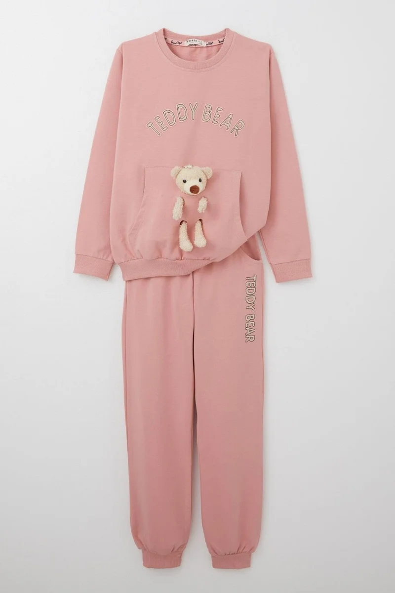 بريز Girls Tracksuit Set with Teddy Bear Accessory and Text Embroidery, 5-9 Years Old, Dusty Rose