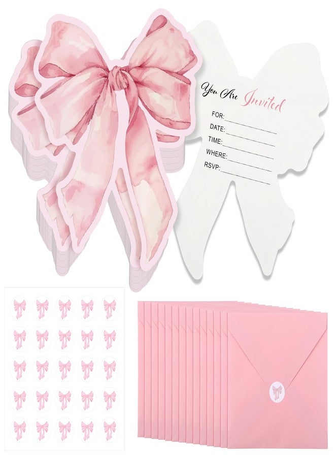 Marspark 25 Set Pink Bow Birthday Invitation Coquette Bow Paper Card with Envelopes and Stickers Wedding Birthday Bachelorette Invitation Party Supplies for Baby Shower Girls Dinner Favors, 5 x 6 Inch - Image 1