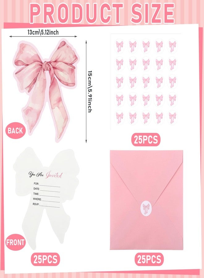 Marspark 25 Set Pink Bow Birthday Invitation Coquette Bow Paper Card with Envelopes and Stickers Wedding Birthday Bachelorette Invitation Party Supplies for Baby Shower Girls Dinner Favors, 5 x 6 Inch - Image 2