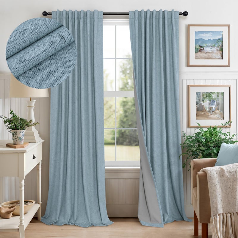 Pitalk Dusty Blue Blackout Curtains for Living Room 84 Inch Length 2 Panel Farmhouse Linen Textured Thermal Darkening Blocking Light Blue Curtain Drapes for Bedroom Grayish Blue Grey 52x84 Long Back Tab - Image 1