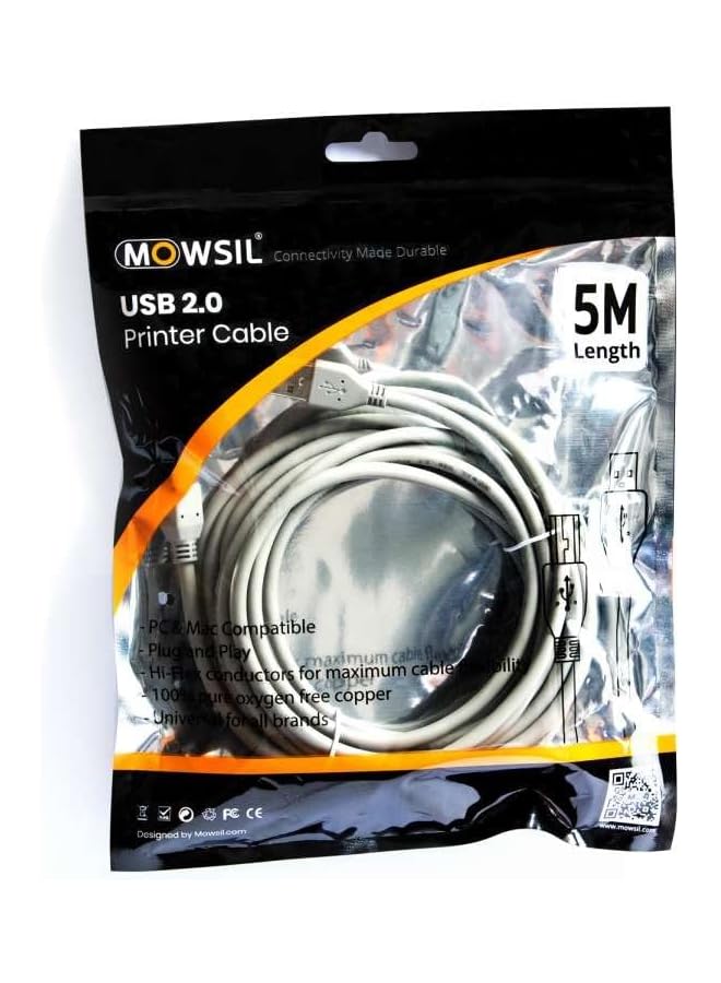 MOWSIL USB 2.0 Printer Cable, 5 Meter Length, Grey