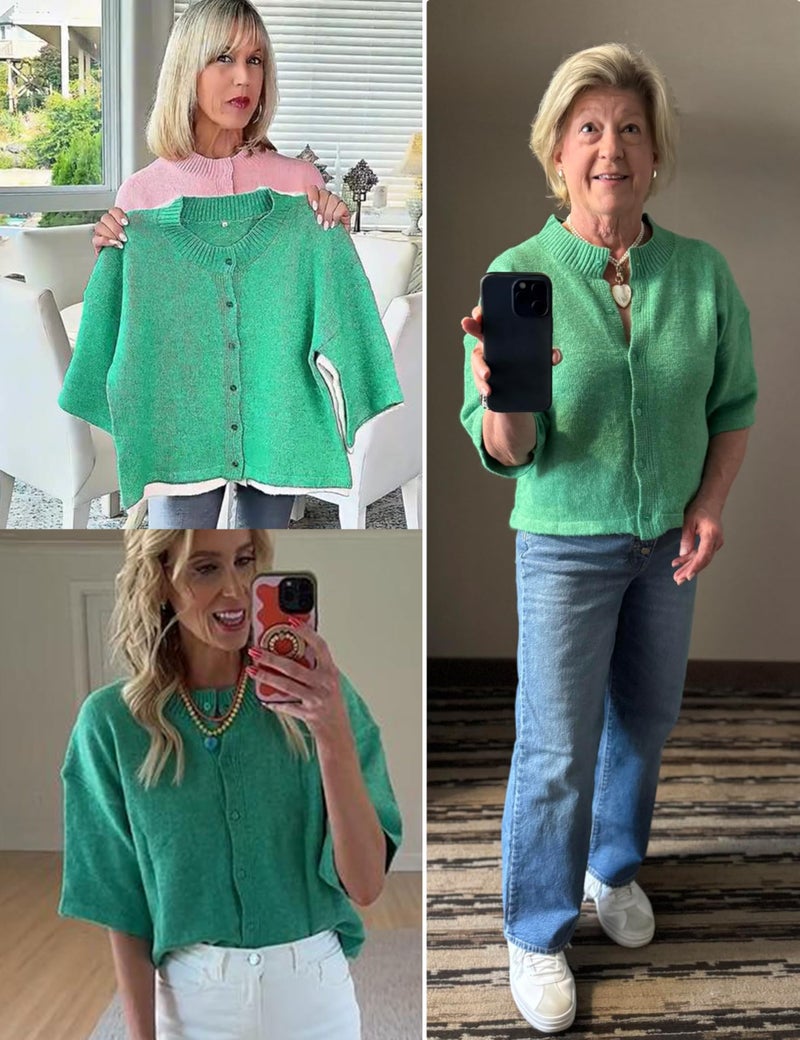 Springrain Cardigan Sweaters for Women Lightweight Knit Cropped Cardigan Button Up Solid Knitwear(Green-M) - Image 4