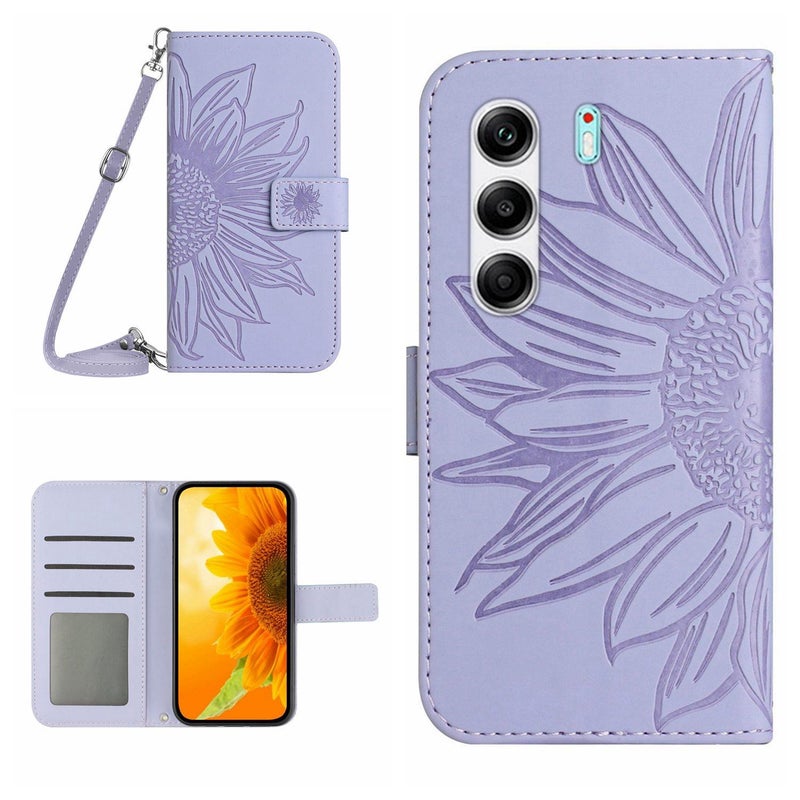 HuHa Case Cover For Tecno Camon 40 Pro 5G Skin Feel Sun Flower Embossed Flip Leather Phone Case with Lanyard(Purple) - Image 1