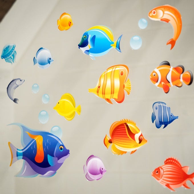BATHROOM TILE WINDOW SHOWER SCREEN DECORATIVE TROPICAL FISH STICKERS DOUBLE SIDED STATIC CLING REMOVABLE AND REUSABLE COLORFUL UNDER THE SEA COLLECTION SIZE SMALL