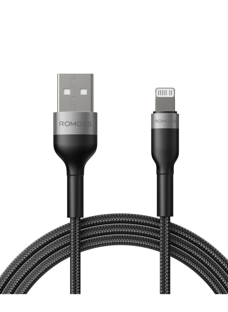 ROMOSS USB-A TO LIGHTNING 2.4A DATA CHARGING NYLON BRAIDED CABLE 1M - BLACK - Image 1