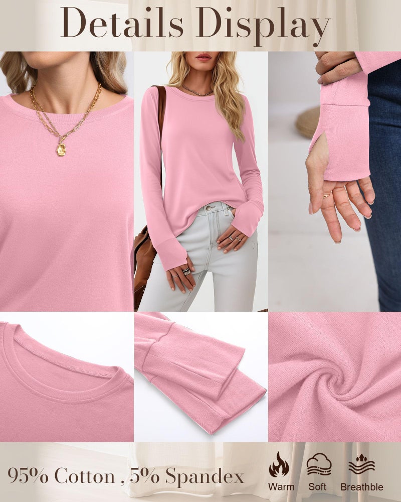 Huukeay 3 Pack Women's Long Sleeve Shirts with Thumb Holes, Cotton Casual Crew Neck Tunic Tops Fall Loose Y2k Trendy Outfits(Black, White, Pink,L) - Image 5