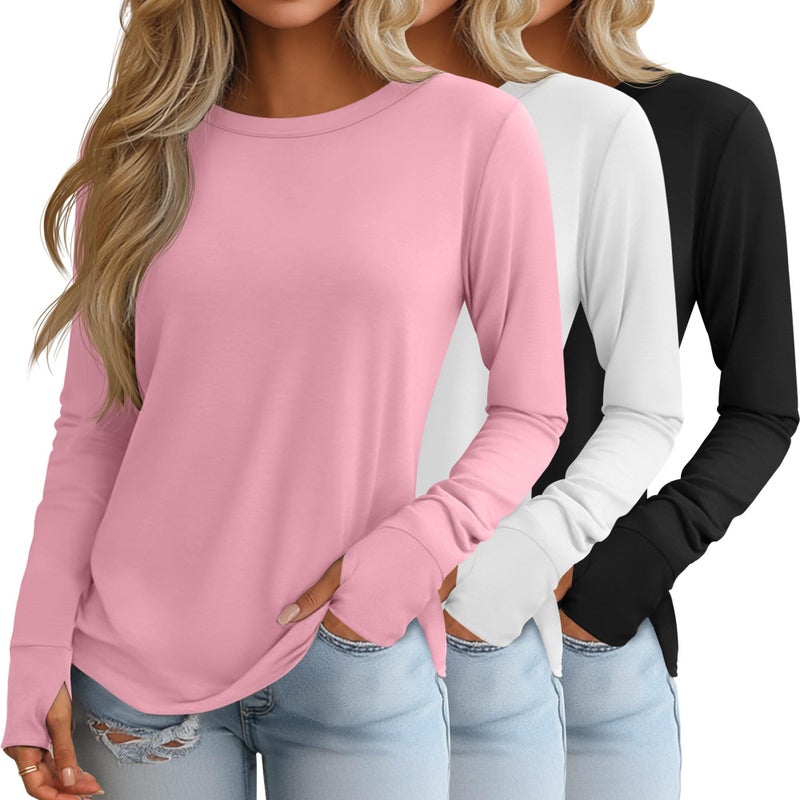 Huukeay 3 Pack Women's Long Sleeve Shirts with Thumb Holes, Cotton Casual Crew Neck Tunic Tops Fall Loose Y2k Trendy Outfits(Black, White, Pink,L) - Image 1