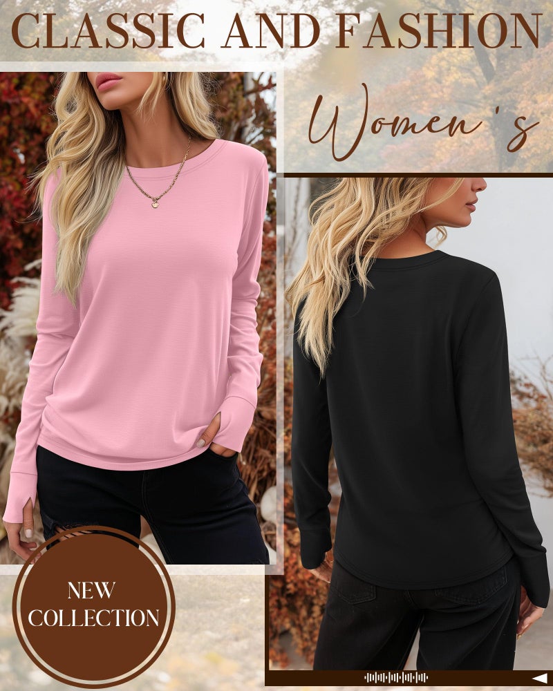 Huukeay 3 Pack Women's Long Sleeve Shirts with Thumb Holes, Cotton Casual Crew Neck Tunic Tops Fall Loose Y2k Trendy Outfits(Black, White, Pink,L) - Image 2