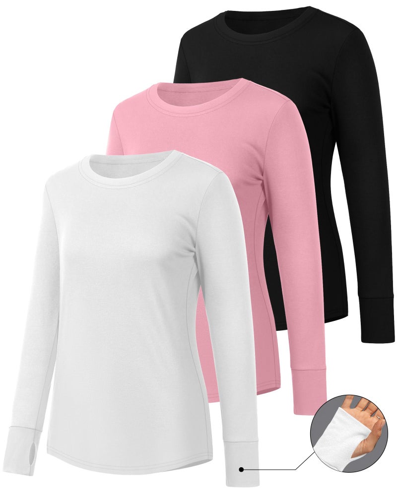 Huukeay 3 Pack Women's Long Sleeve Shirts with Thumb Holes, Cotton Casual Crew Neck Tunic Tops Fall Loose Y2k Trendy Outfits(Black, White, Pink,L) - Image 3