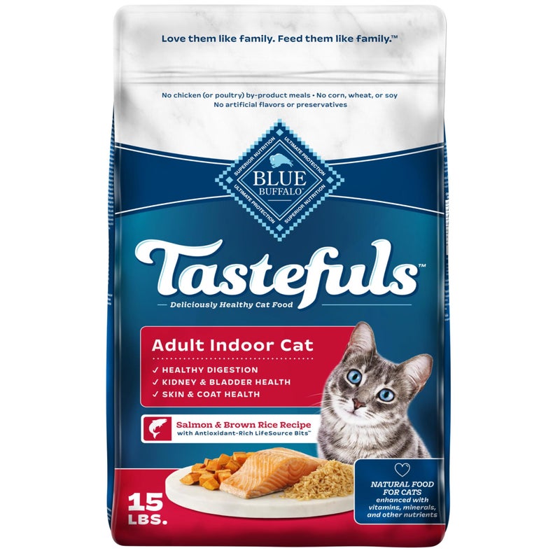 Blue Buffalo Tastefuls Natural Dry Food for Adult Indoor Cats, Salmon & Brown Rice Recipe, 15-lb. Bag - Image 1