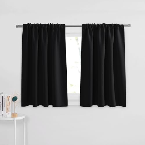 PONY DANCE Short Blackout Kitchen Curtains 36 inch Length Half Window Cafe Panles Black Out RV Bunk Drapes Thermal Insulated Small Curtains for BasementCamper W42 x L36 inches Black 2 Panels