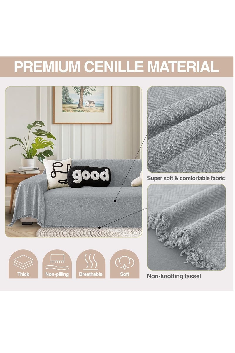 GUDOO أغطية أريكة ببطانية شرابة للأريكة الركنية على شكل حرف L، غطاء أريكة شينيل، أغطية منزلقة لغرفة المعيشة لحماية الوسائد والأريكة من الحيوانات الأليفة والأطفال، 230*180 سم، رمادي - Image 2