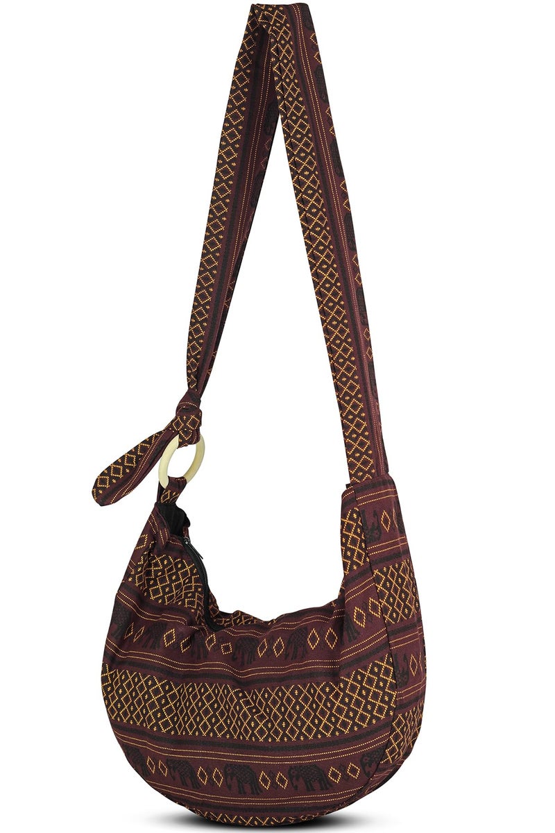 Your Cozy Hobo Crossbody Bag for Women â€“ Handmade Cotton Boho Purse with Wooden Ring | Lightweight Slouchy Shoulder Sling Tote Bag (Mahogany Elephant) - Image 1