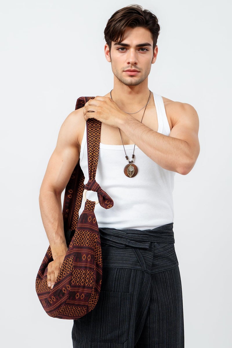 Your Cozy Hobo Crossbody Bag for Women â€“ Handmade Cotton Boho Purse with Wooden Ring | Lightweight Slouchy Shoulder Sling Tote Bag (Mahogany Elephant) - Image 2