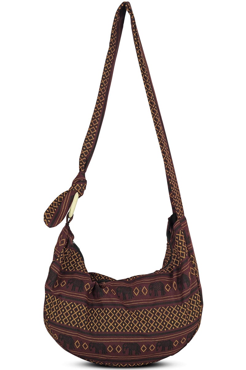 Your Cozy Hobo Crossbody Bag for Women â€“ Handmade Cotton Boho Purse with Wooden Ring | Lightweight Slouchy Shoulder Sling Tote Bag (Mahogany Elephant) - Image 3