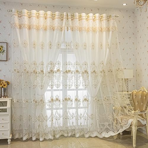 Amidoudou 1 Pair European Style Curtains Double Layer with Valances for Living Room Luxury 3D Flower Embroidered SemiBlackout Curtains for Bedroom White51x90 Inch - Image 3