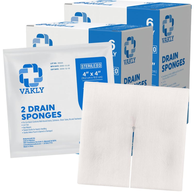 Vakly Split Drain Sponge Gauze 4x4 Sterile 6 Ply Pads [100 Pack] Absorbent Precut 4"X4" Non-Woven Slit Pre Cut Bandages +2 Rolls Medical Tape for I.V. Tracheostomy - 25 Packs of 2 â€“Packaging May Vary - Image 1