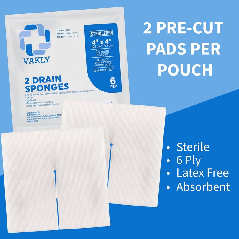 Vakly Split Drain Sponge Gauze 4x4 Sterile 6 Ply Pads [100 Pack] Absorbent Precut 4"X4" Non-Woven Slit Pre Cut Bandages +2 Rolls Medical Tape for I.V. Tracheostomy - 25 Packs of 2 â€“Packaging May Vary - Image 2