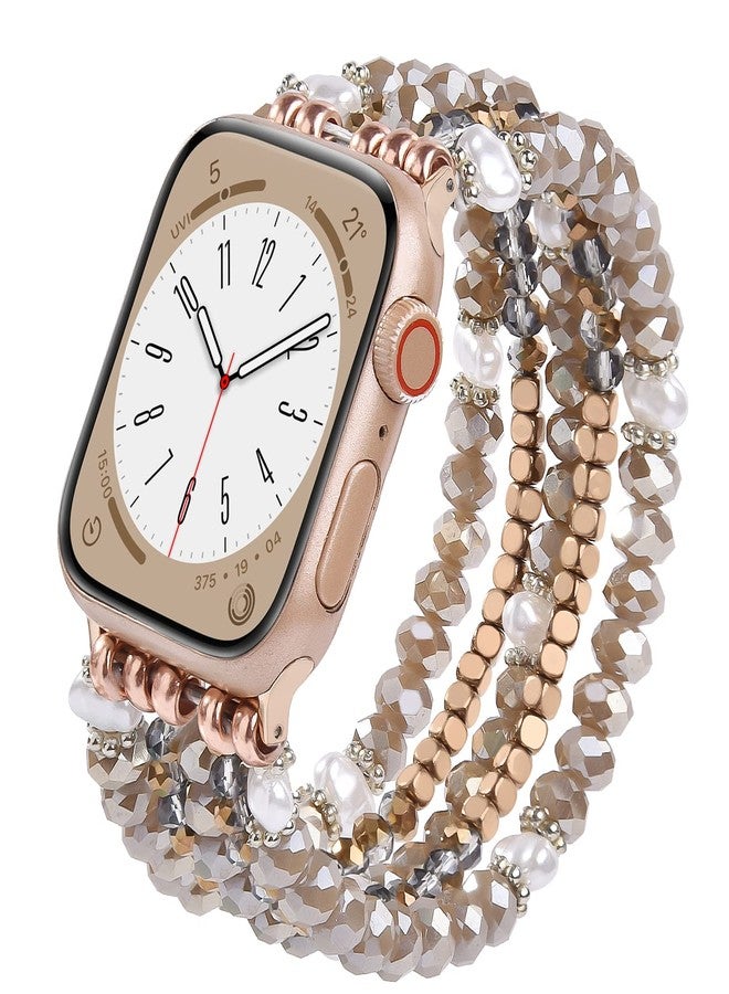 MOFREE Beaded Bracelet Compatible for Apple Watch Band 38mm/40mm/41mm/42mm(Series 10) Women,Fashion Handmade Beads Elastic Stretch Strap for iWatch Series 10/9/8/7/SE/6/5/4/3/2/1 Coffee - Image 1