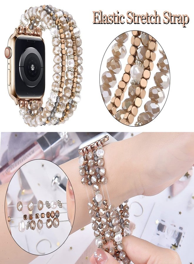 MOFREE Beaded Bracelet Compatible for Apple Watch Band 38mm/40mm/41mm/42mm(Series 10) Women,Fashion Handmade Beads Elastic Stretch Strap for iWatch Series 10/9/8/7/SE/6/5/4/3/2/1 Coffee - Image 4