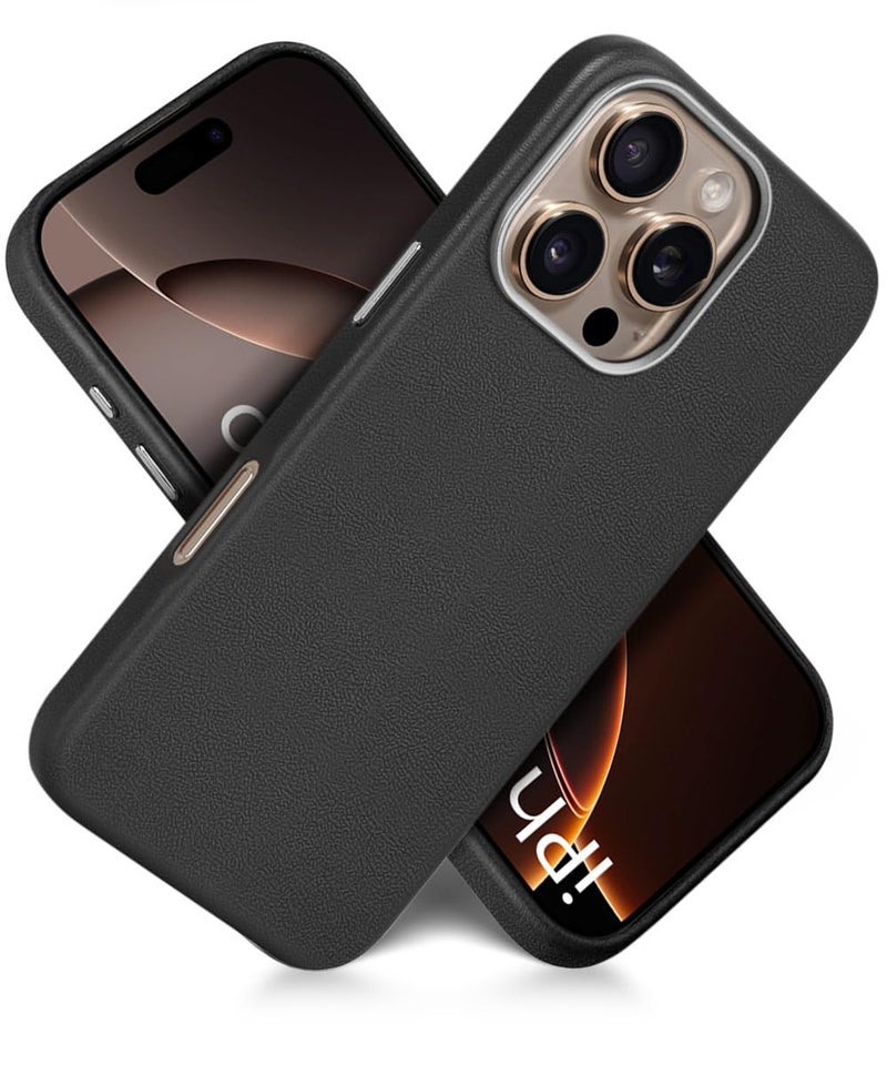 WOW IMAGINE Back Cover for iPhone 16 Pro | Shockproof Tough Leather Texture Hard Mobile Case | Ultra Slim Non-Slip Grip | Inner Velvet Fabric | Metal Camera Ring – Black - Image 3