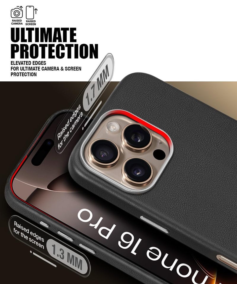 WOW IMAGINE Back Cover for iPhone 16 Pro | Shockproof Tough Leather Texture Hard Mobile Case | Ultra Slim Non-Slip Grip | Inner Velvet Fabric | Metal Camera Ring – Black - Image 5