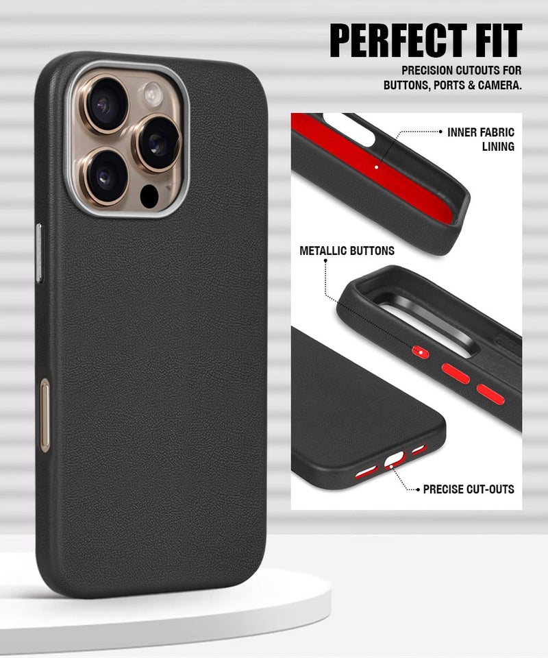 WOW IMAGINE Back Cover for iPhone 16 Pro | Shockproof Tough Leather Texture Hard Mobile Case | Ultra Slim Non-Slip Grip | Inner Velvet Fabric | Metal Camera Ring – Black - Image 4