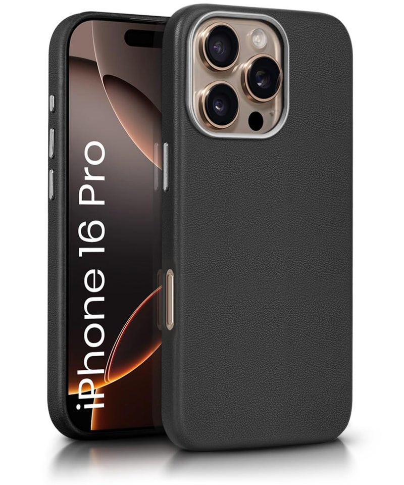 WOW IMAGINE Back Cover for iPhone 16 Pro | Shockproof Tough Leather Texture Hard Mobile Case | Ultra Slim Non-Slip Grip | Inner Velvet Fabric | Metal Camera Ring – Black - Image 1