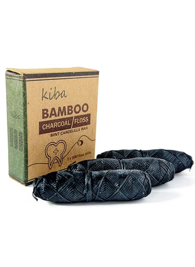 Kiba Bamboo Charcoal Floss 3 Piece Refill Set (3 x 30M Dental Floss Refills) - Eco Friendly Floss w/ Candelilla Wax - Mint - Vegan - Image 1
