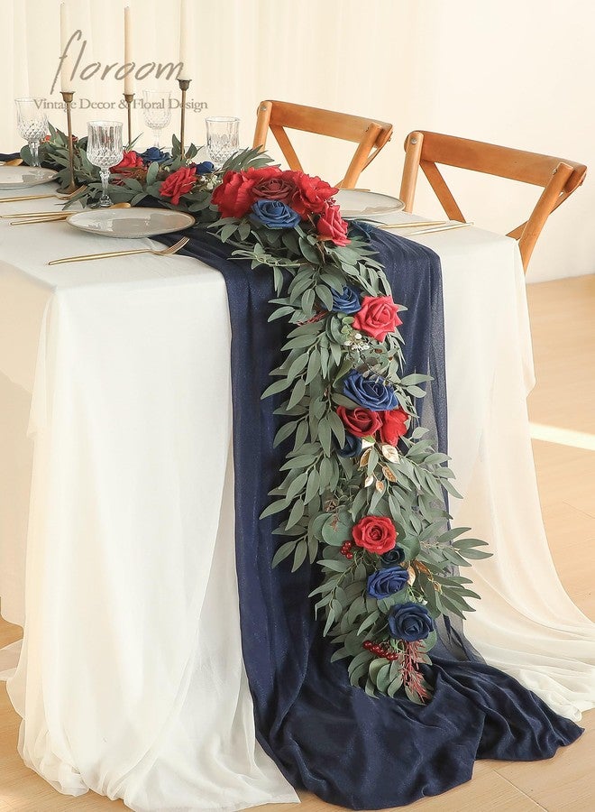 Floroom 6ft Artificial Eucalyptus Garland with Flowers Fake Greenery Faux Floral Vine Garland for Table Decor Wedding Centerpieces Bridal Shower Party Decorations, Dark Red Navy - Image 2