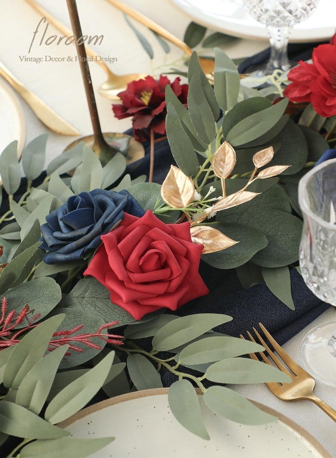 Floroom 6ft Artificial Eucalyptus Garland with Flowers Fake Greenery Faux Floral Vine Garland for Table Decor Wedding Centerpieces Bridal Shower Party Decorations, Dark Red Navy - Image 4