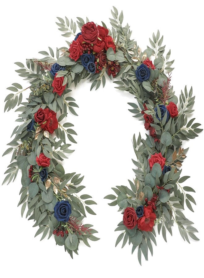 Floroom 6ft Artificial Eucalyptus Garland with Flowers Fake Greenery Faux Floral Vine Garland for Table Decor Wedding Centerpieces Bridal Shower Party Decorations, Dark Red Navy - Image 1