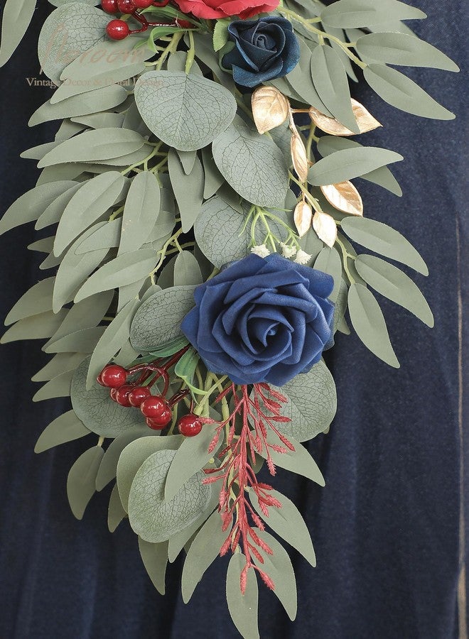 Floroom 6ft Artificial Eucalyptus Garland with Flowers Fake Greenery Faux Floral Vine Garland for Table Decor Wedding Centerpieces Bridal Shower Party Decorations, Dark Red Navy - Image 5
