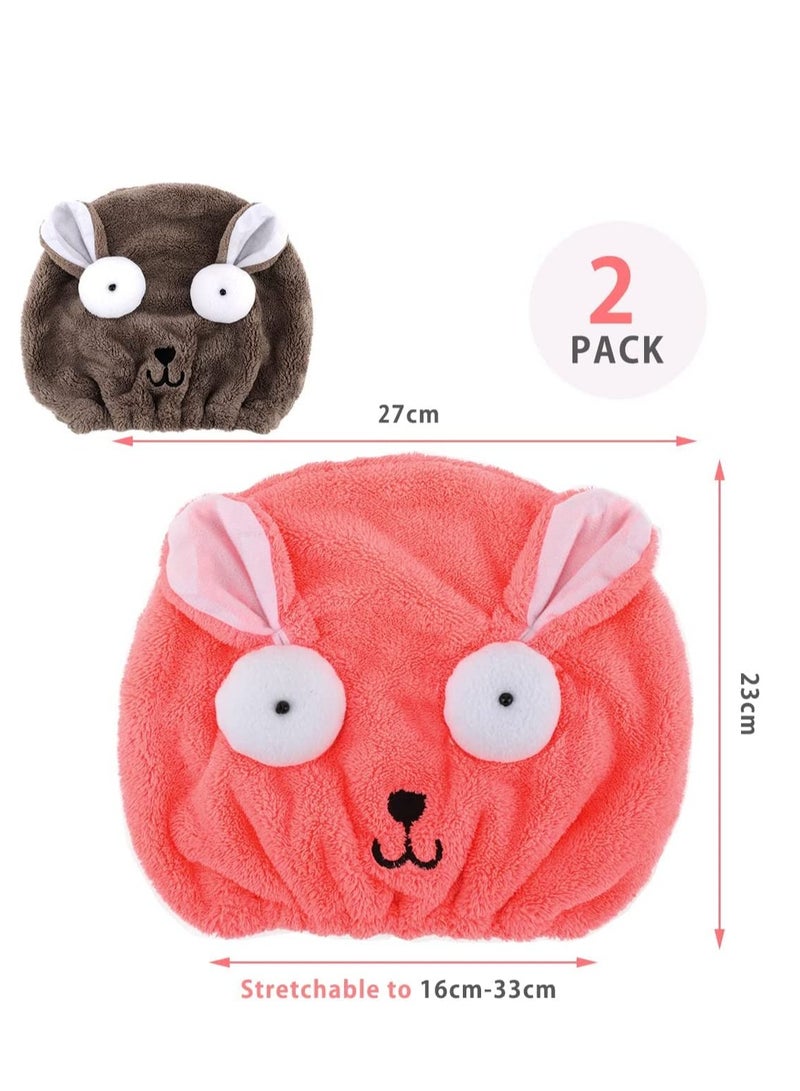 عبوة من منشفتين للشعر بتصميم كرتوني لطيف، ناعمة وامتصاص عالي، قماش ميكروفايبر، لفاف شعر للحمام، يجف بسرعة، مناسبة للنساء والبنات، باللونين الرمادي والوردي. - Image 5