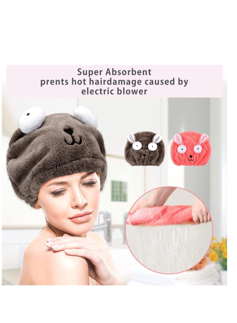 عبوة من منشفتين للشعر بتصميم كرتوني لطيف، ناعمة وامتصاص عالي، قماش ميكروفايبر، لفاف شعر للحمام، يجف بسرعة، مناسبة للنساء والبنات، باللونين الرمادي والوردي. - Image 2