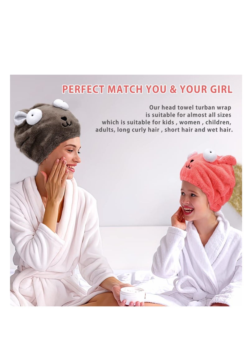 عبوة من منشفتين للشعر بتصميم كرتوني لطيف، ناعمة وامتصاص عالي، قماش ميكروفايبر، لفاف شعر للحمام، يجف بسرعة، مناسبة للنساء والبنات، باللونين الرمادي والوردي. - Image 3