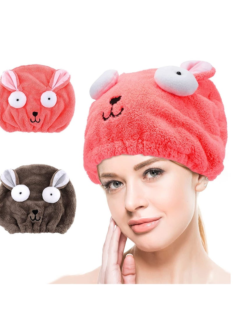 عبوة من منشفتين للشعر بتصميم كرتوني لطيف، ناعمة وامتصاص عالي، قماش ميكروفايبر، لفاف شعر للحمام، يجف بسرعة، مناسبة للنساء والبنات، باللونين الرمادي والوردي. - Image 1