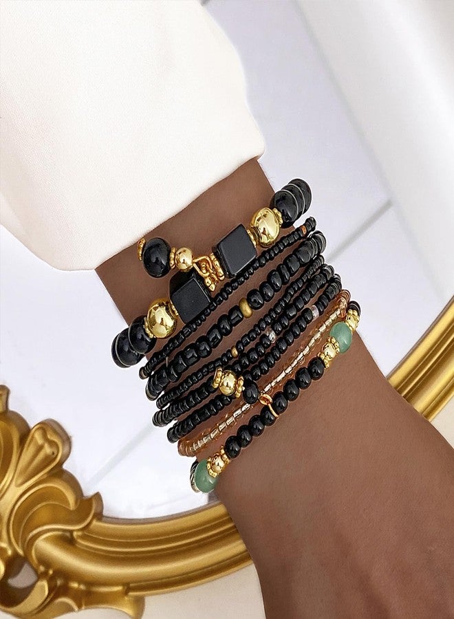 IFKM 8PCS Beaded Bracelets for Women, Multilayered Stackable Strand Stretch Bead Bracelet Pack Handmade Trendy Bohemian Charm Jewelry Black - Image 2