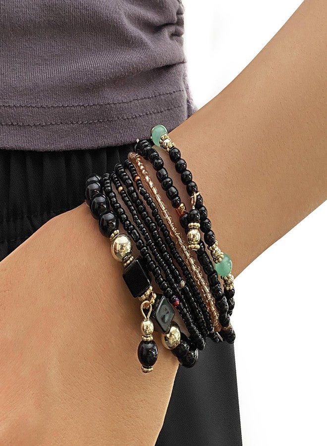 IFKM 8PCS Beaded Bracelets for Women, Multilayered Stackable Strand Stretch Bead Bracelet Pack Handmade Trendy Bohemian Charm Jewelry Black - Image 3