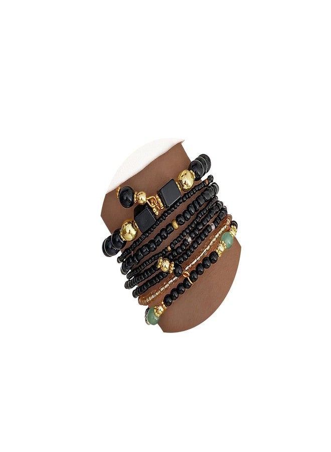 IFKM 8PCS Beaded Bracelets for Women, Multilayered Stackable Strand Stretch Bead Bracelet Pack Handmade Trendy Bohemian Charm Jewelry Black - Image 1