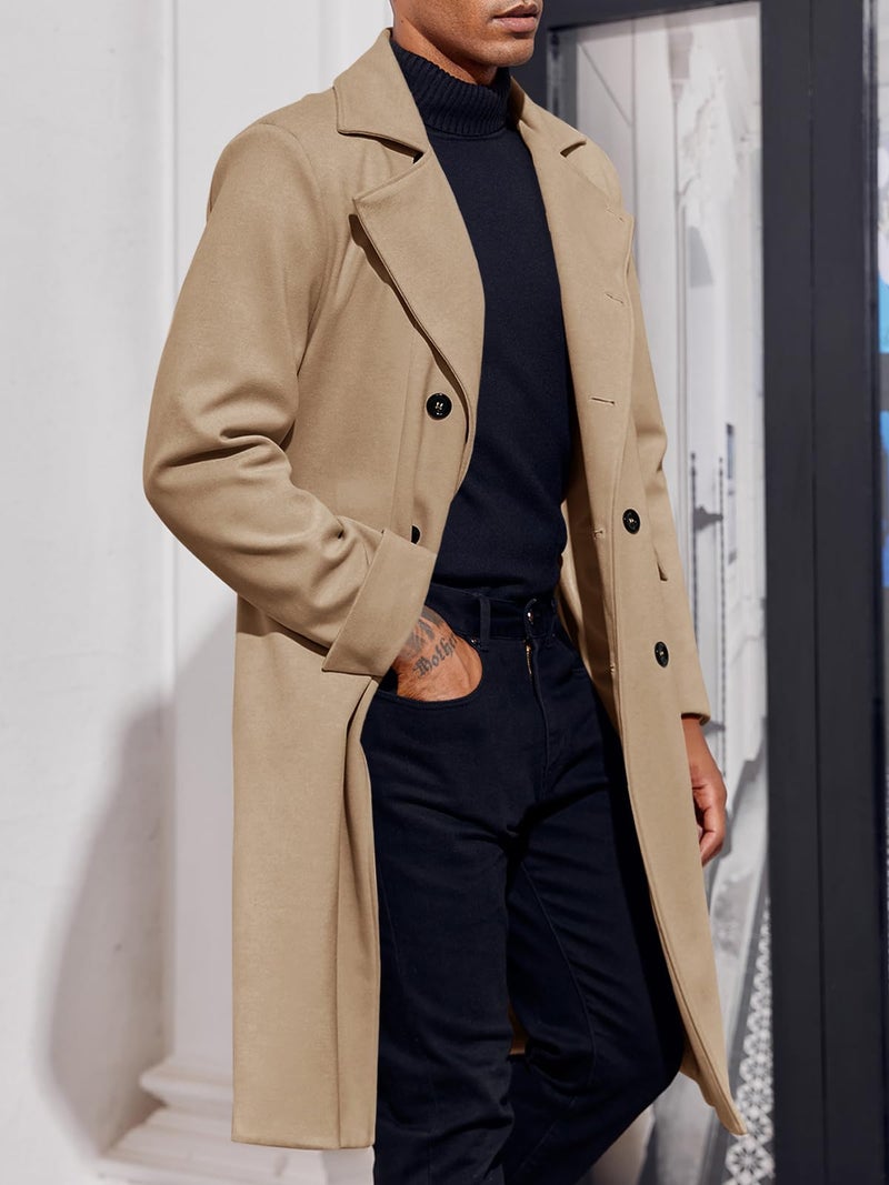Ebifin Men's Notch Lapel Double Breasted Long Trench Coat Casual Cotton Blend Peacoat - Image 4