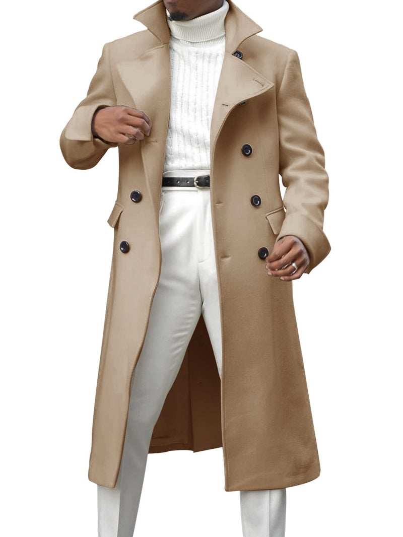 Ebifin Men's Notch Lapel Double Breasted Long Trench Coat Casual Cotton Blend Peacoat - Image 2