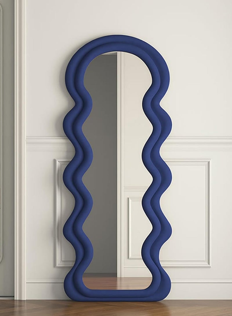 ديكور هيلز مرآة ديكور هيلز كاملة الطول - مرآة بتصميم عصري مموج مزدوج الطبقات بإطار من قماش المخمل الأزرق، ومرآة قابلة للطي وحامل، وخيار التثبيت على الحائط لغرفة النوم، وغرفة المعيشة، وغرفة الملابس - Image 1