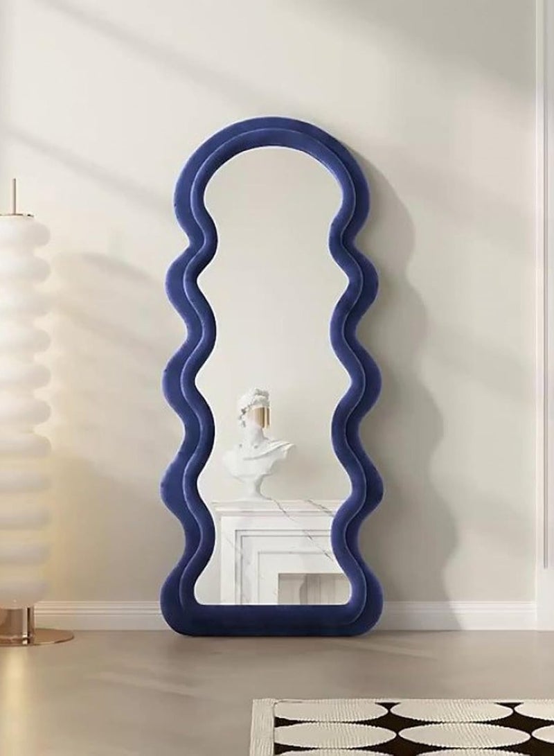 ديكور هيلز مرآة ديكور هيلز كاملة الطول - مرآة بتصميم عصري مموج مزدوج الطبقات بإطار من قماش المخمل الأزرق، ومرآة قابلة للطي وحامل، وخيار التثبيت على الحائط لغرفة النوم، وغرفة المعيشة، وغرفة الملابس - Image 3