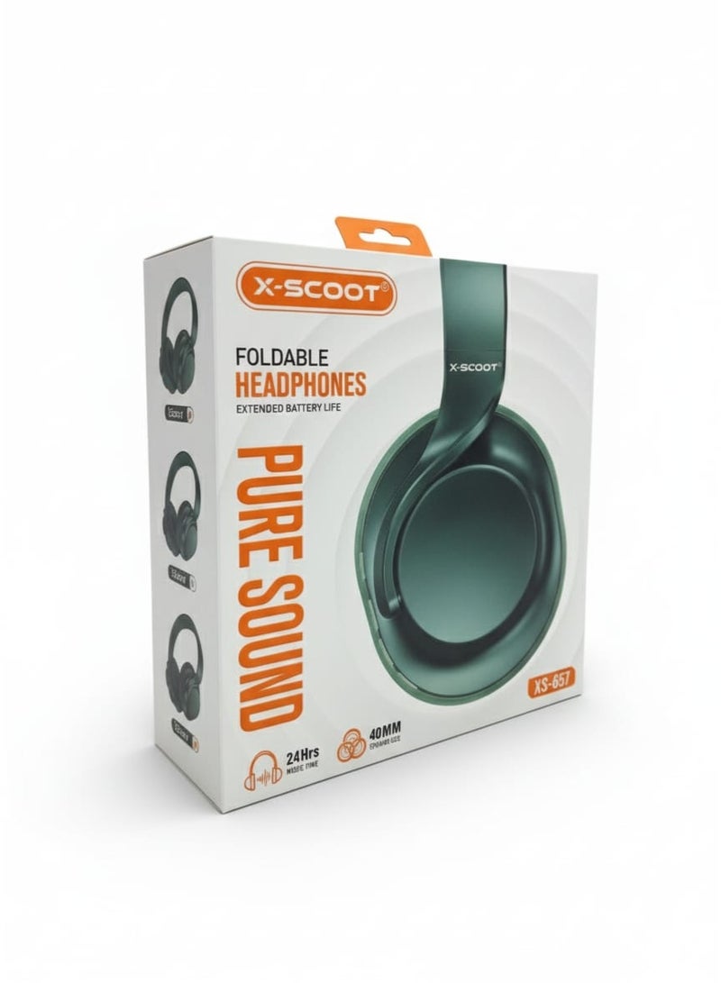 X-SCOOT XS-652 Foldable Stereo Headphones with Pure Sound 40mm Drivers, Extended Battery Life, HD Mic, Voice Assistant Support, TF Card & 3.5mm AUX-In , Comfortable Cushions for Everyday Use - Green - Image 2