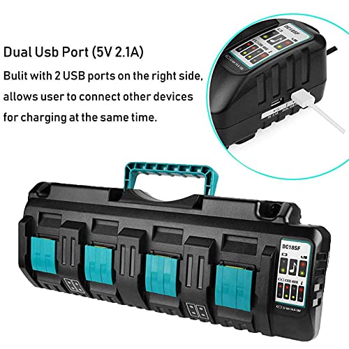 Hiesuan شاحن بطارية لماكيتا 18 فولت، محطة شحن 4 منافذ DC18SF مع 2 منفذ USB-A، شحن سريع متزامن لـ 4 بطاريات ليثيوم 14.4 فولت 18 فولت لماكيتا - Image 5