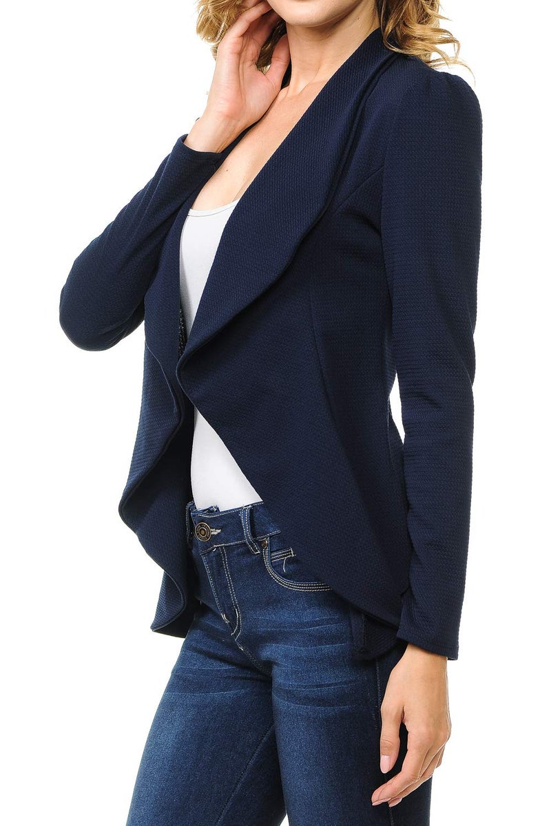 MINEFREE Women's Long Sleeve Classic Draped Open Front Lightweight Blazer Solid Navy L - Image 3