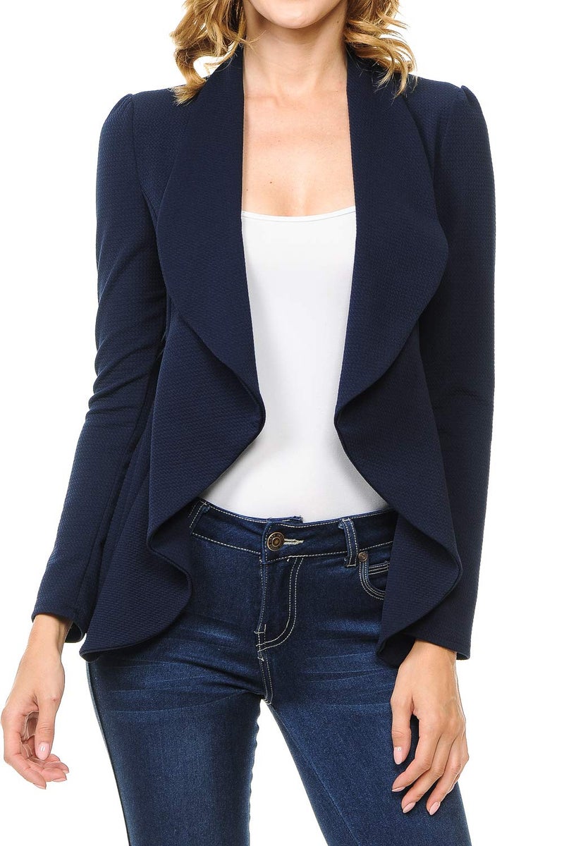 MINEFREE Women's Long Sleeve Classic Draped Open Front Lightweight Blazer Solid Navy L - Image 5