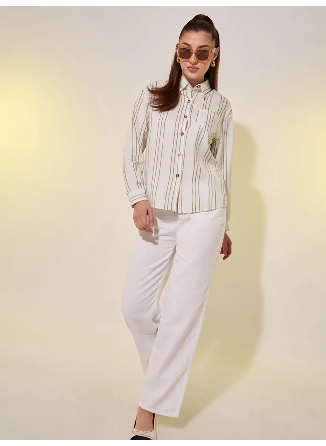 تايك تو Take Two Striped Pattern Front Pocket Oversize Shirt