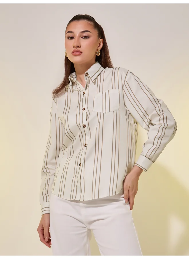 تايك تو Take Two Striped Pattern Front Pocket Oversize Shirt